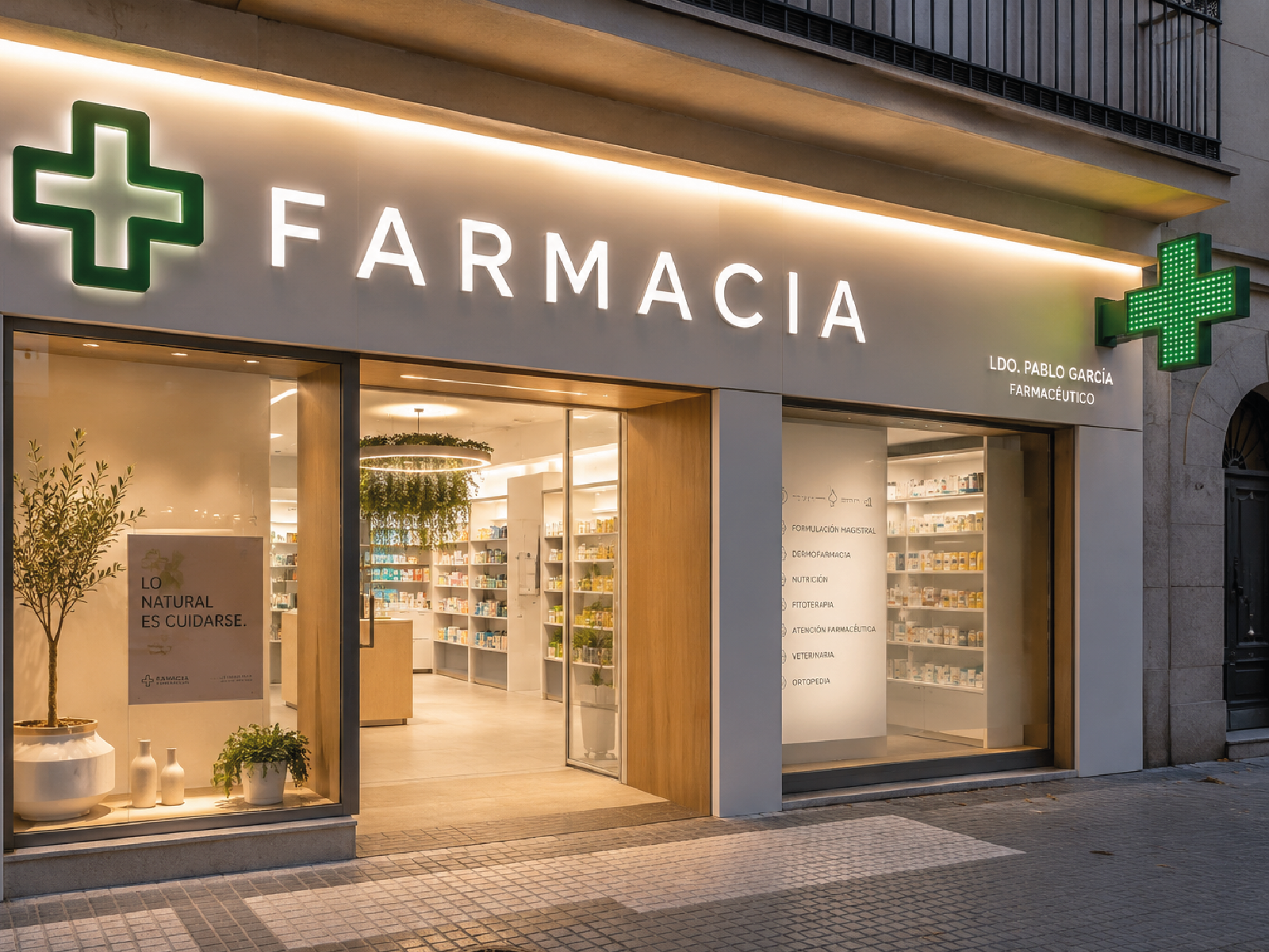 Fachada completa de farmacia rotulada en Murcia